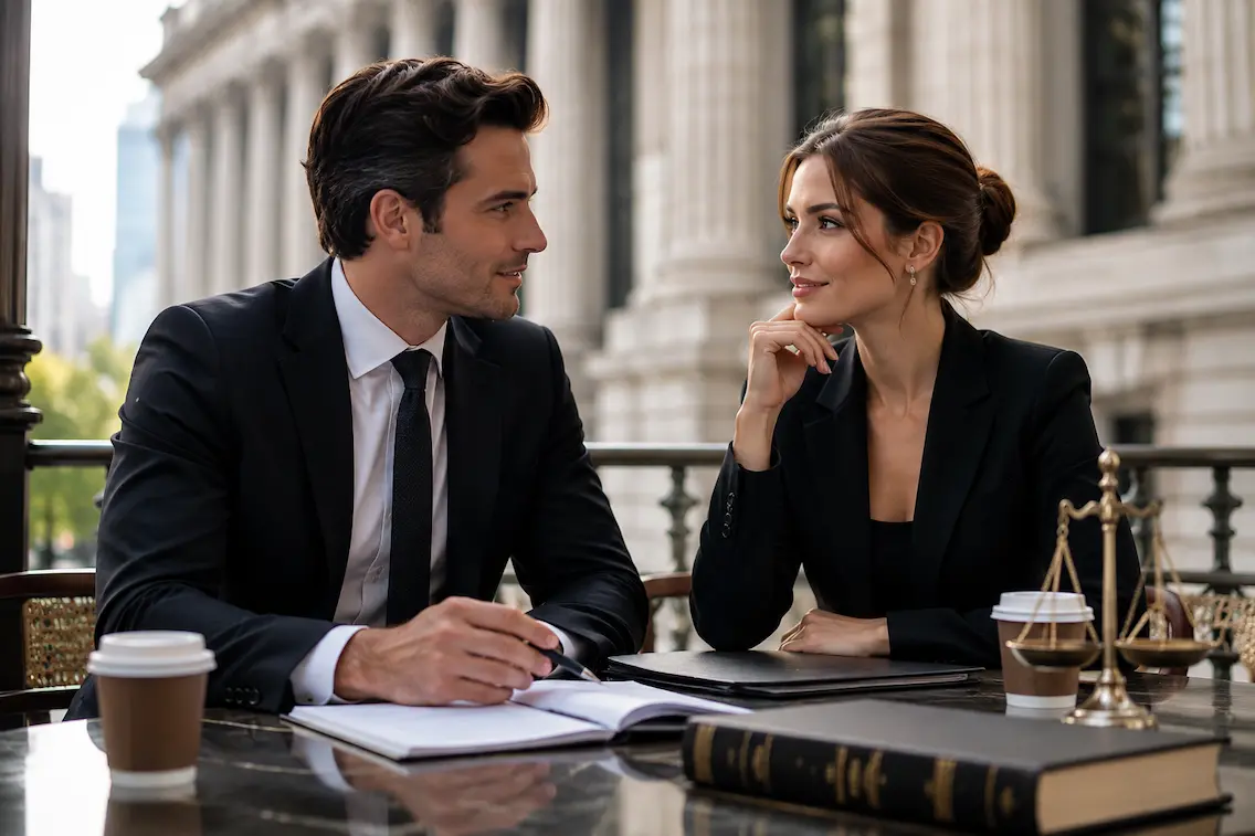 Professional dating and discussion at a café terrace