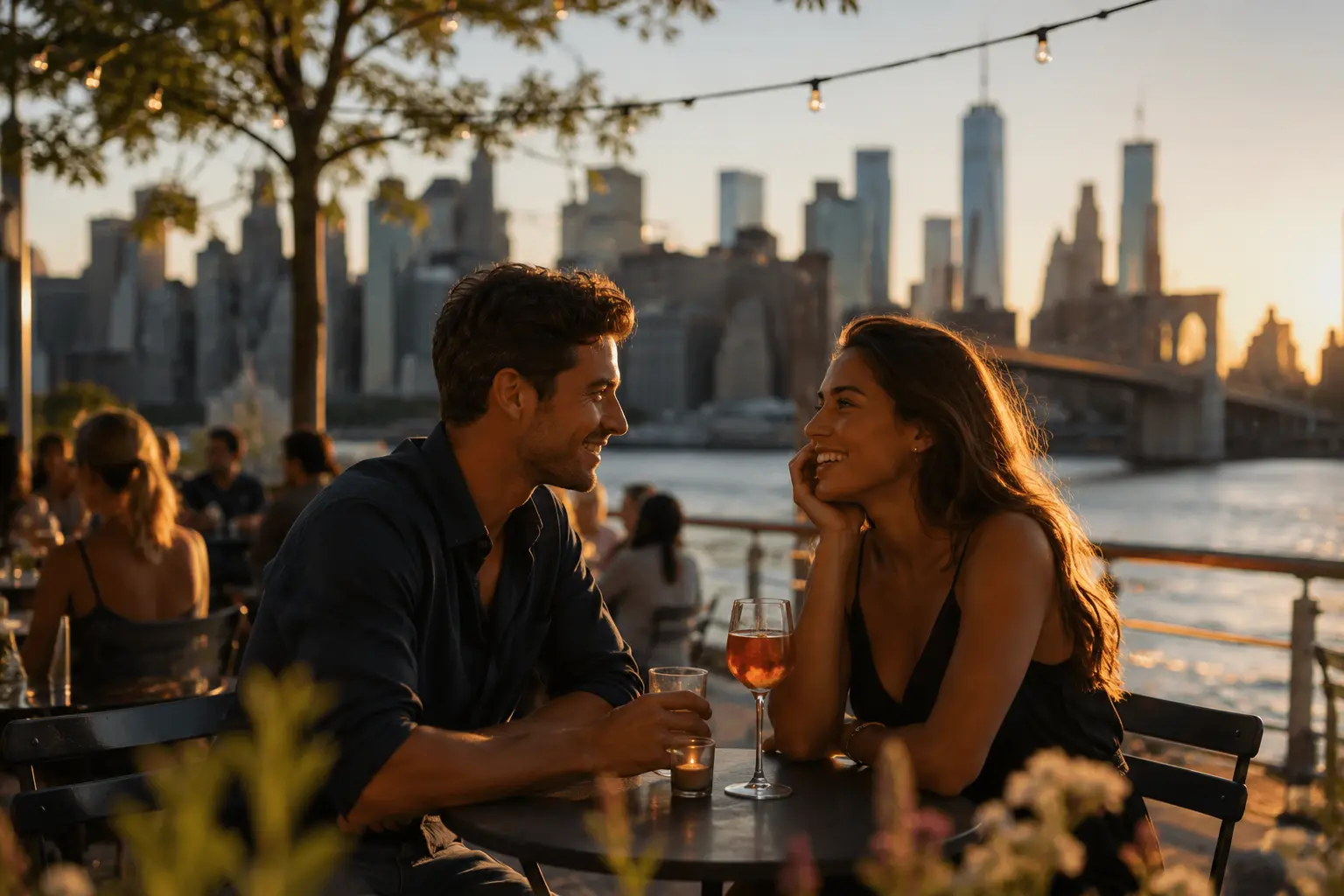 Romantic riverside sunset dinner date