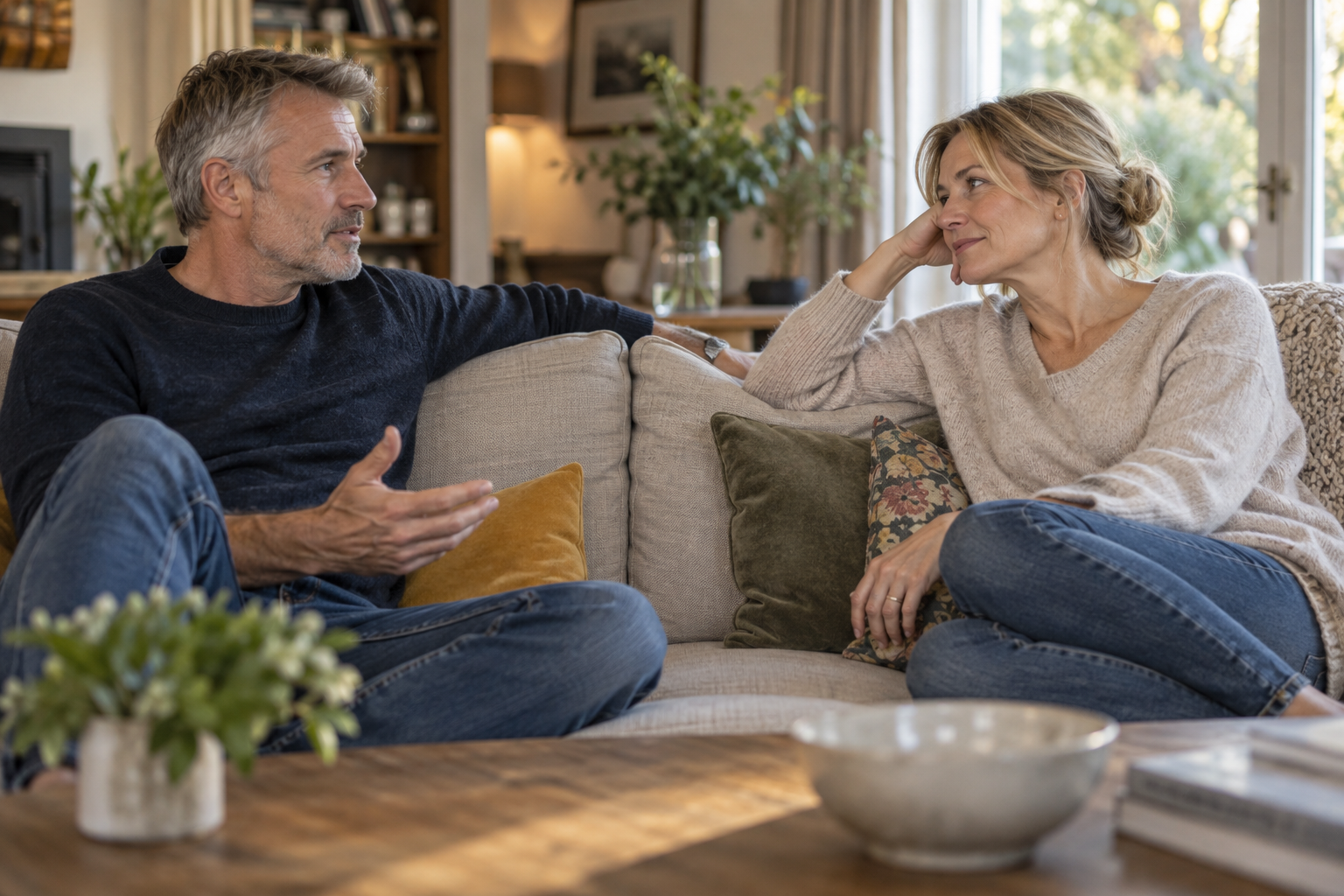 Professional couple having a calm relationship repair conversation at home