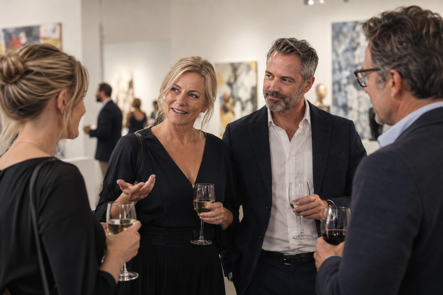 Professional woman introducing her partner to colleagues at a gallery reception